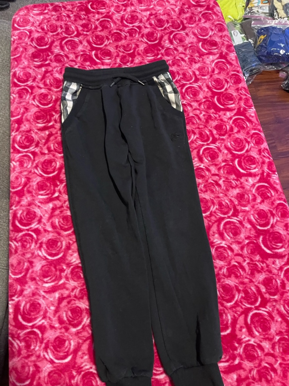 Kids Black Jogger Sweatpants with Plaid Pocket Trim